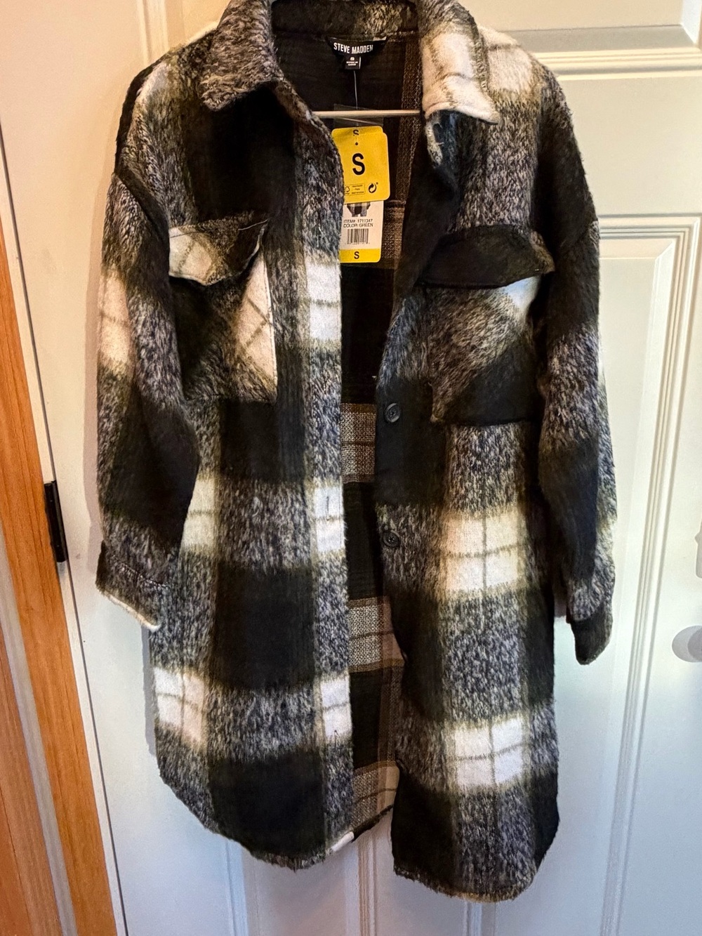 NWT Steve Madden Black, White & Green Plaid Shacket Jacket, Size S